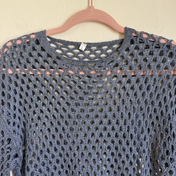 Womens Blue Open Knit Beachy Boho Bell Sleeve Sweater Size L Festival Beach - Picture 4 of 13